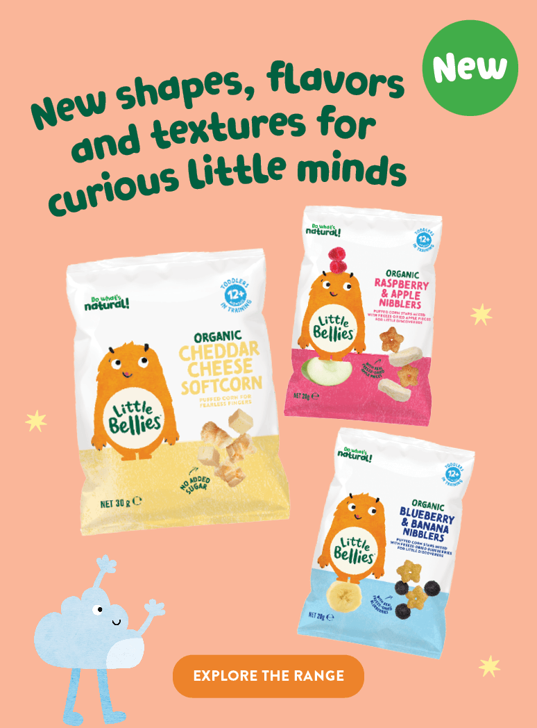 Marketing image for Little Bellies snacks: three snack bags on a peach background, bold headline about new shapes and flavors, a green 'New' badge, a blue cartoon character, and an orange 'Explore the range' button.