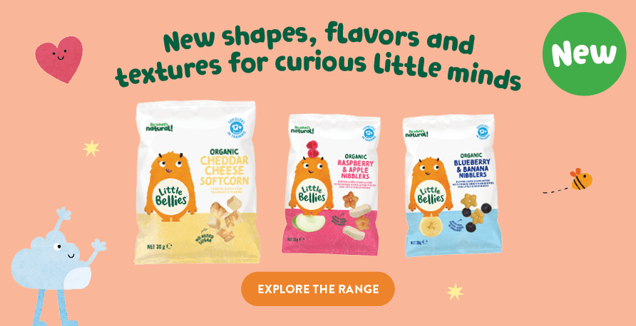Marketing banner showing three Little Bellies snack pouches on a peach background, with headline 'New shapes, flavors and textures for curious little minds' and a green 'NEW' circle; orange 'EXPLORE THE RANGE' button.