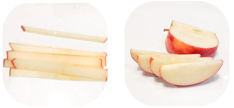 Very thin slices of apple as a snack for 12+ months | Little Bellies AUS Two panels: left shows peeled apple sticks aligned on a white surface; right shows apple wedges with a half apple beside them on white.