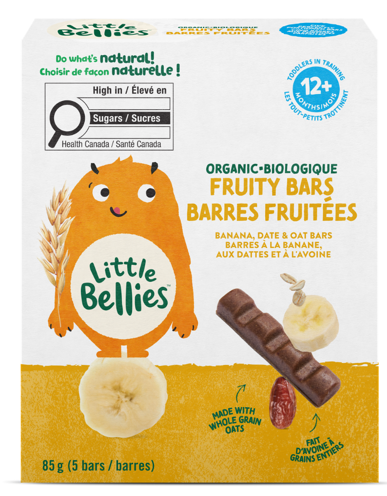 Packaging for Little Bellies Organic Fruity Bars (banana, date & oat); shows an orange cartoon character holding grain, banana slice, chocolate bar, oats, and bold product name on white/green/orange design.