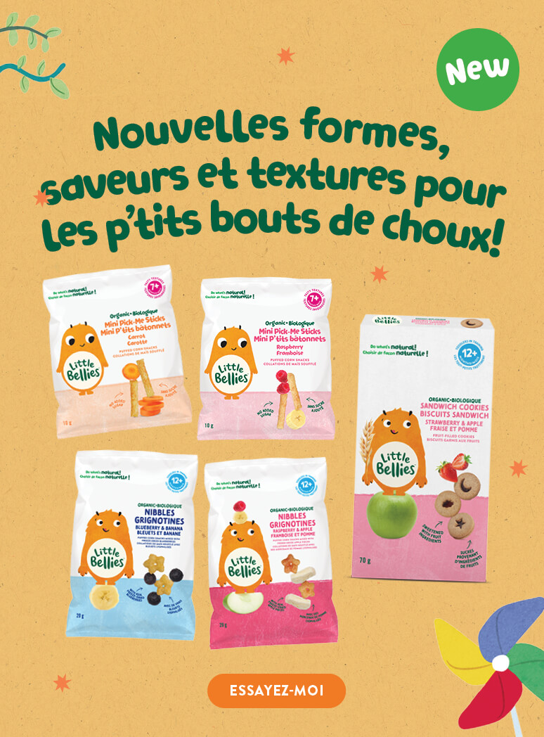 Promo image for Little Bellies organic baby snacks showing several snack bags on a yellow background, with a bold French headline and a green NEW badge; bottom orange 'ESSAYEZ-MOI' button.