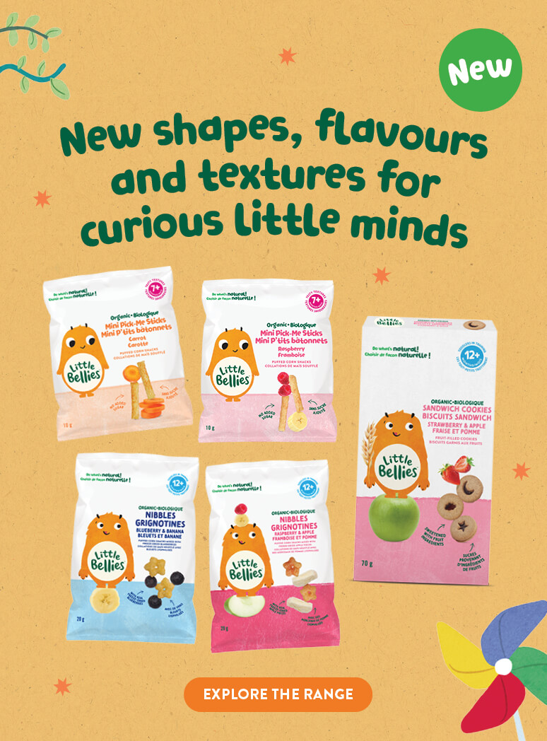 Promotional banner for Little Bellies showing snack pouches and a box on a yellow background, announcing new shapes and flavours.