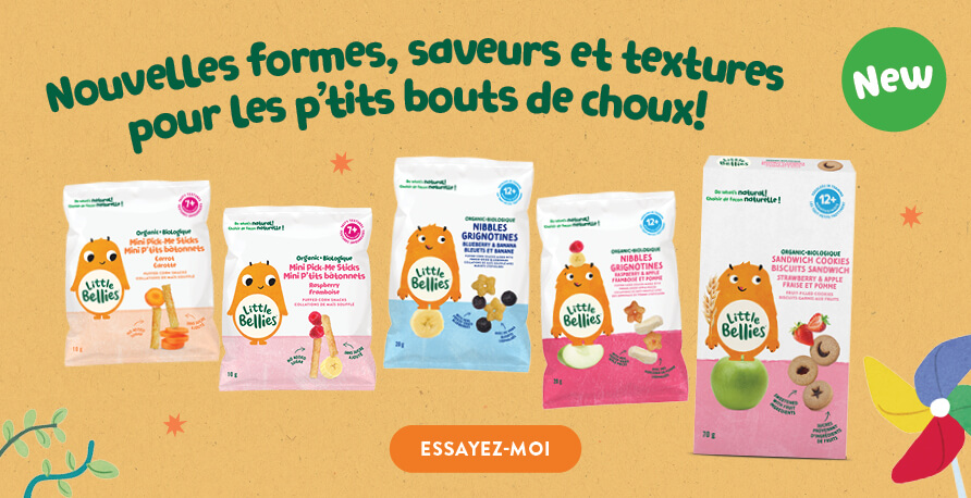 Banner promoting Little Bellies snacks with new shapes and flavors; five snack bags on a yellow background and a 'Try me' button.