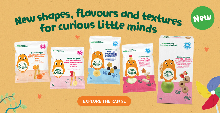 Banner with five Little Bellies snack pouches on a tan background; headline reads 'New shapes, flavours and textures for curious little minds' and an orange 'Explore the range' button.