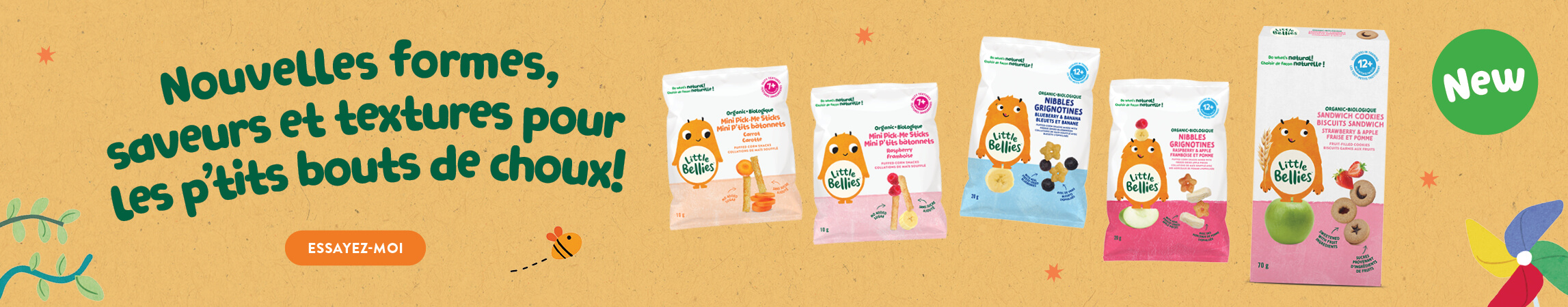 French banner advertising new Little Bellies snacks for kids, showing assorted bag images on a beige textured background with a green 'New' badge and decorative elements.