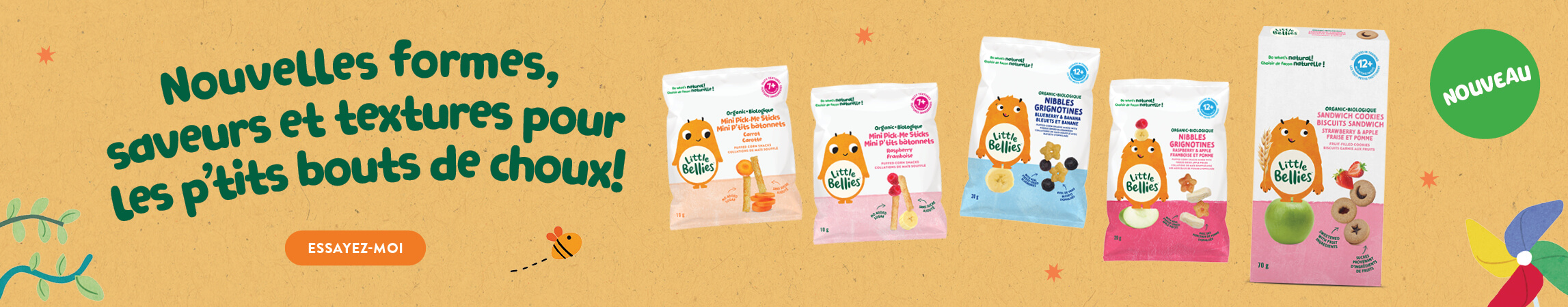 Bannière publicitaire Little Bellies: nouvelles formes et saveurs pour petits, rangée de sachets colorés sur fond jaune, badge NOUVEAU.