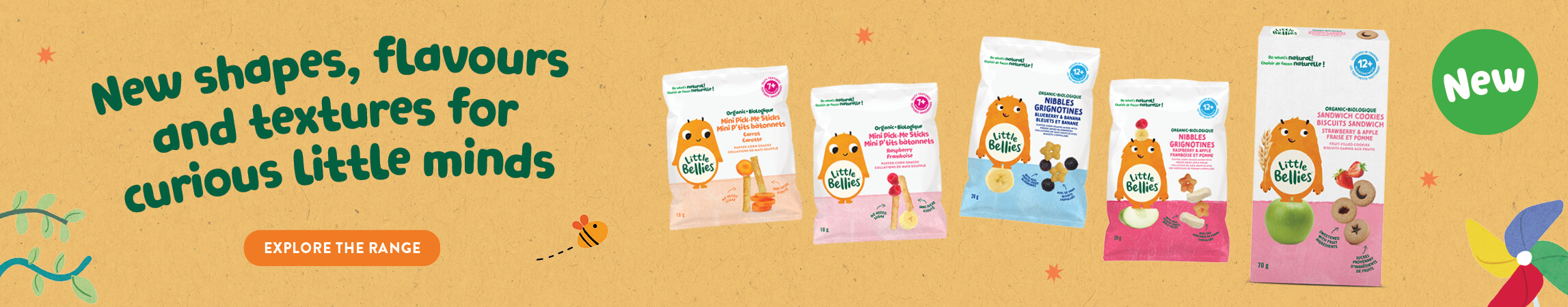 Banner advertising Little Bellies snacks: colorful bags lined across a mustard background with the text 'New shapes, flavours and textures for curious little minds' and a green 'New' badge on the right.