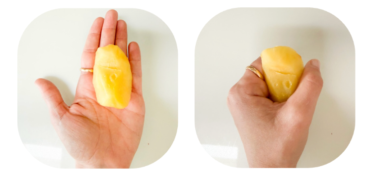 Two side-by-side photos of a hand holding a peeled mango in the palm; one image shows a flat open hand, the other shows a hand squeezing the mango.