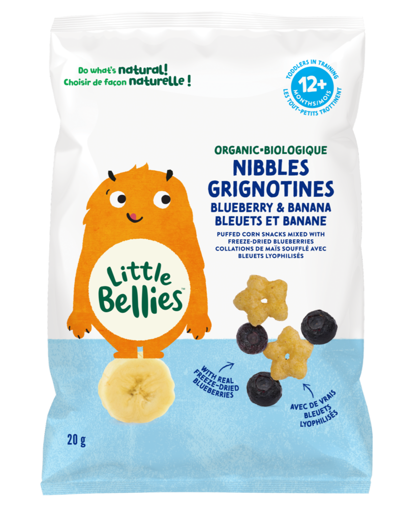 organic blueberry-banana Little Bellies Nibbles bag featuring a friendly orange monster mascot and blueberry-banana snacks