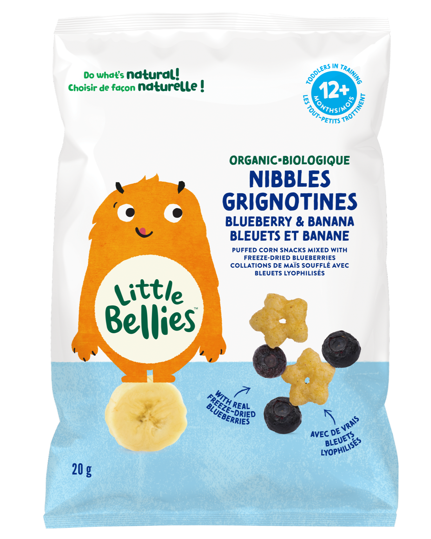 organic blueberry-banana Little Bellies Nibbles bag featuring a friendly orange monster mascot and blueberry-banana snacks