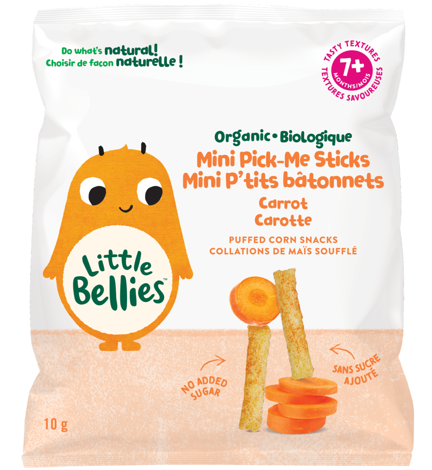 Bag of Little Bellies Organic Mini Pick-Me Sticks carrot-flavored puffed snacks, featuring an orange cartoon character and orange carrot-stick imagery.