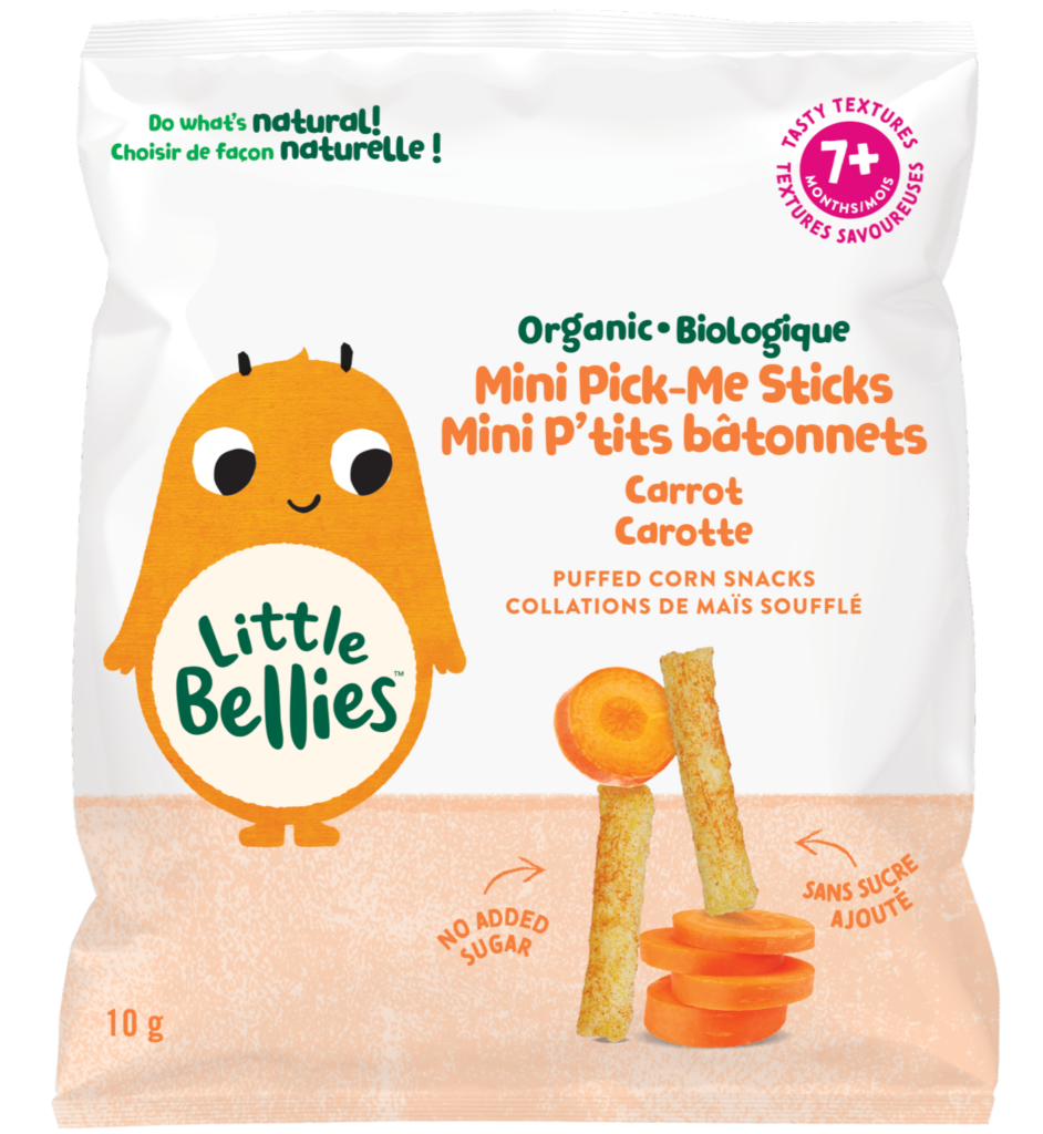 Organic Little Bellies snack bag featuring a cute orange character and orange carrot sticks image with text 'Mini Pick-Me Sticks' and 'Carrot' flavors, 10 g.