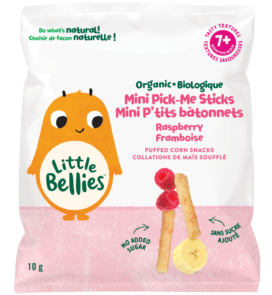 Bag of Little Bellies Organic Raspberry Banana Mini Pick-Me Sticks snacks featuring a cute orange monster mascot and pink bold text.