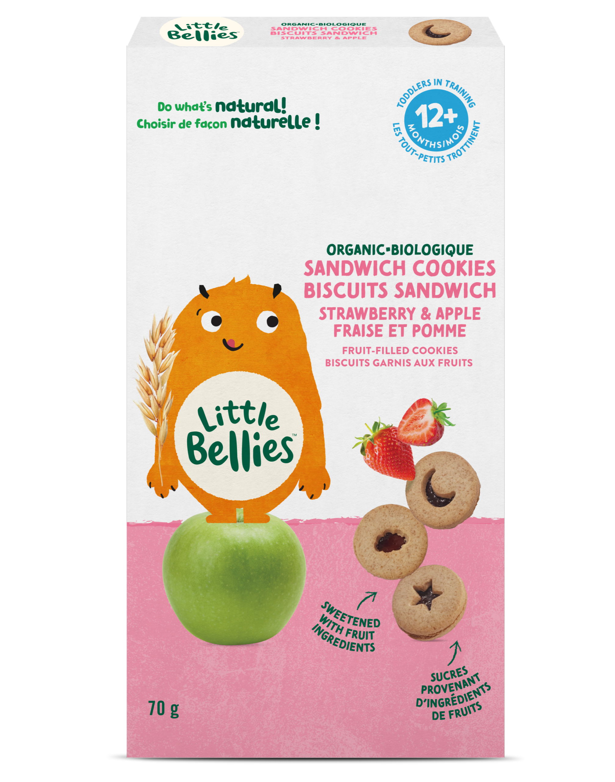 Packaging for Little Bellies organic sandwich cookies with strawberry & apple filling; shows a cute orange character, fruit graphics, and product text in green and pink on a white box.