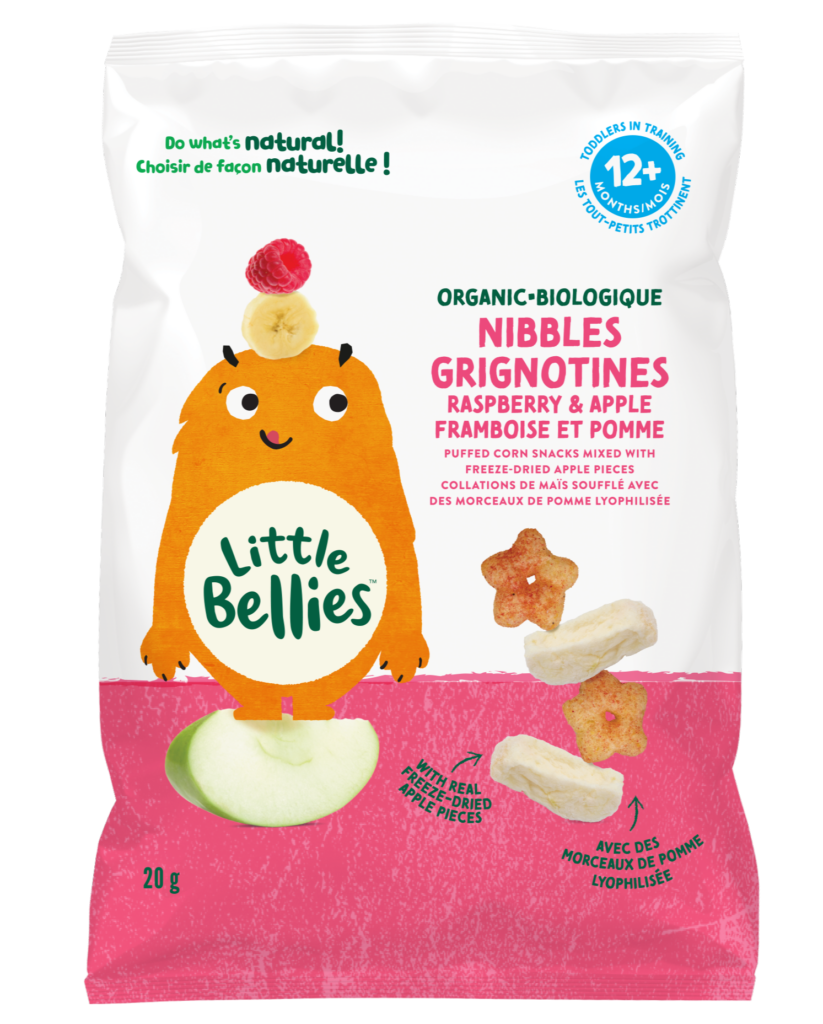 Pouch of Little Bellies organic raspberry-and-apple snack with an orange cartoon monster and stacked fruit toppings on white and pink packaging.",