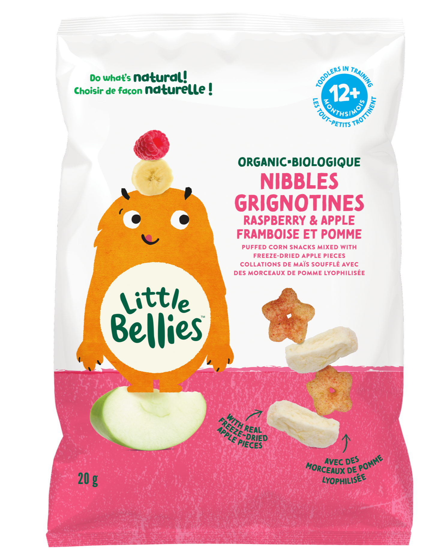 Pouch of Little Bellies organic raspberry-and-apple snack with an orange cartoon monster and stacked fruit toppings on white and pink packaging.",