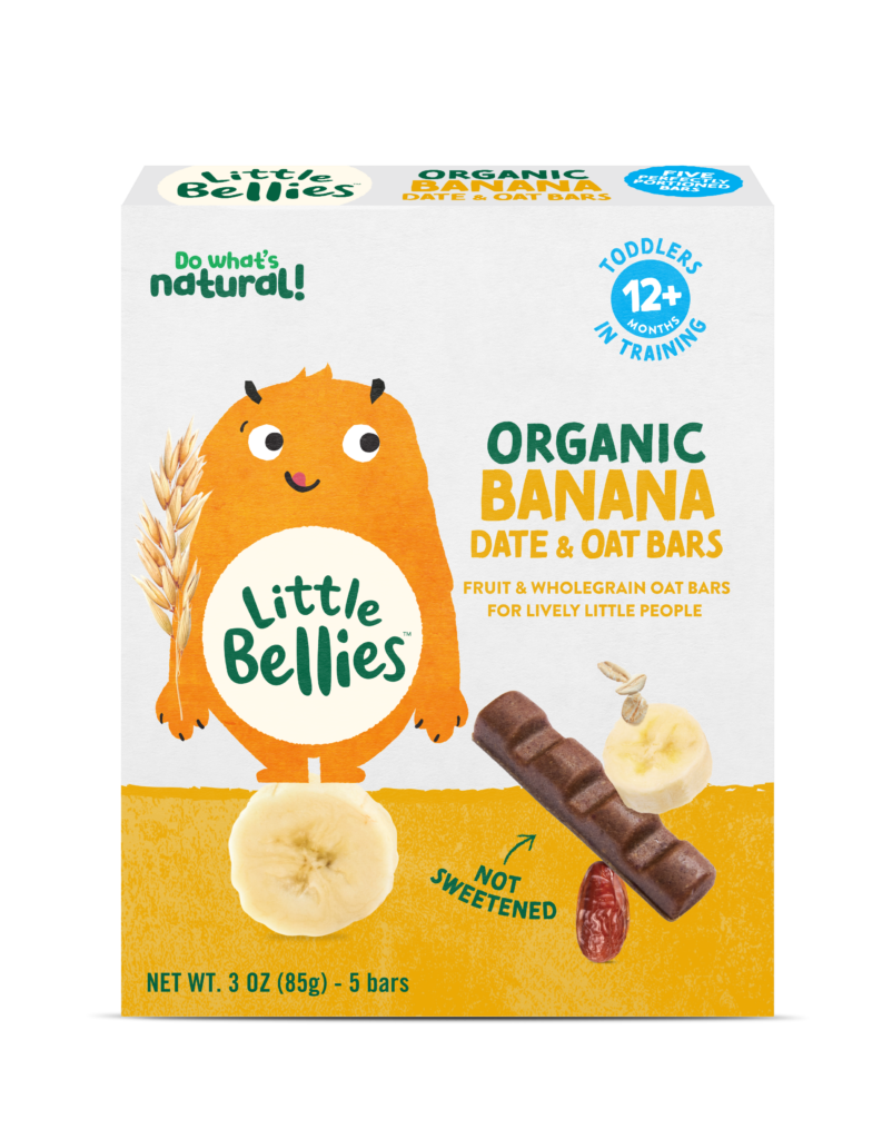 Front of a Little Bellies box: orange character, green 'Little Bellies' logo, and text 'Organic Banana Date & Oat Bars' for toddlers 12+ months in training badge.