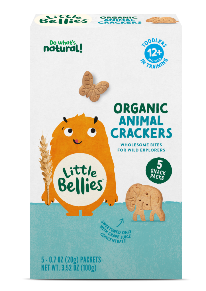 Box of Little Bellies Organic Animal Crackers for toddlers, with cartoon monster and serving info (5 snack packs) on the front face.