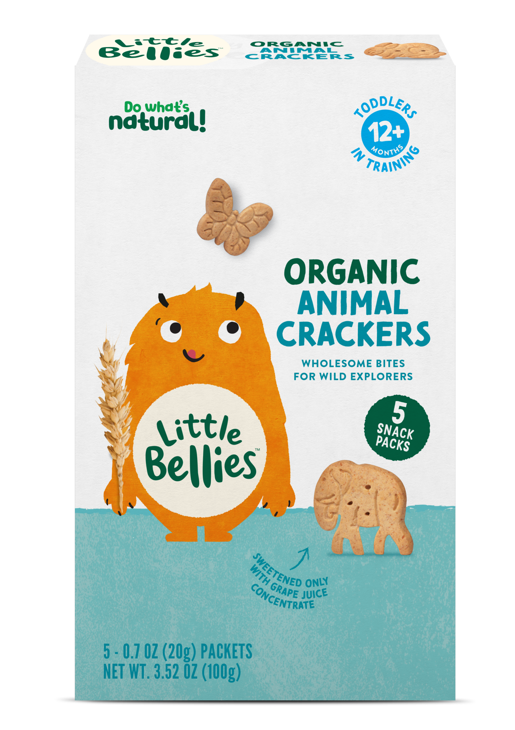 Box of Little Bellies Organic Animal Crackers for toddlers, with cartoon monster and serving info (5 snack packs) on the front face.