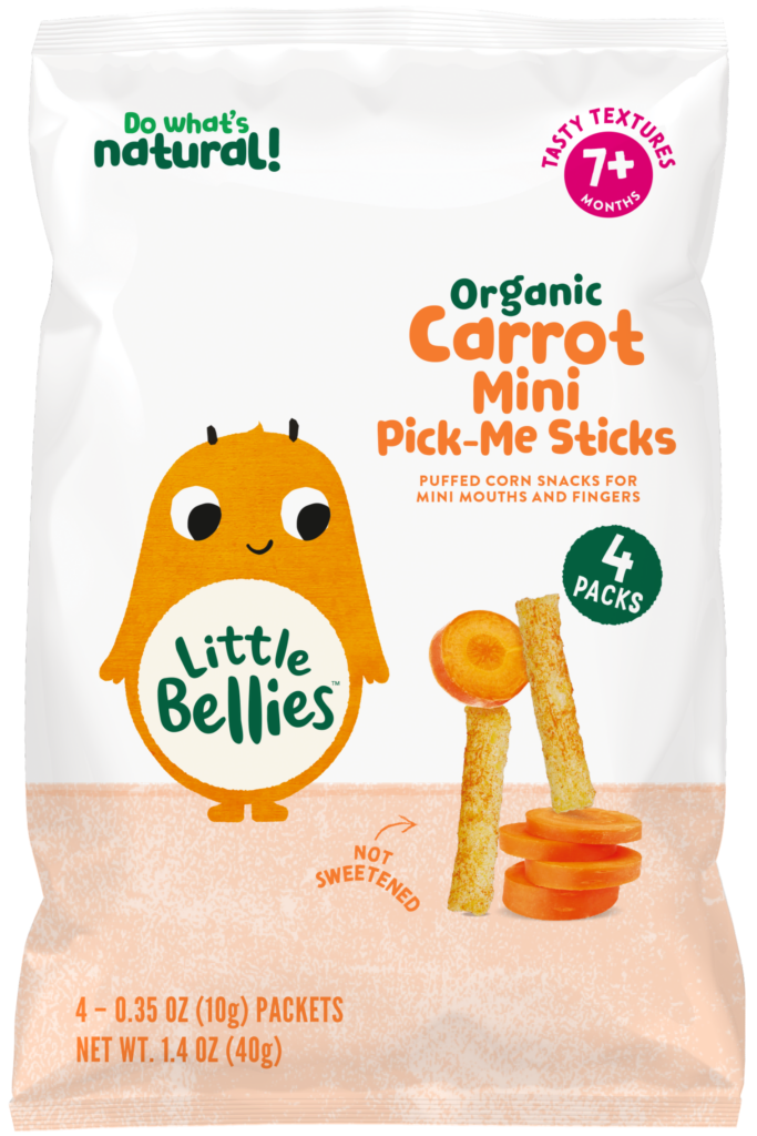 Packaging for organic carrot mini pick-me sticks, 4-pack, puffed corn snacks for babies, not sweetened, 7+ months age indicator visible.