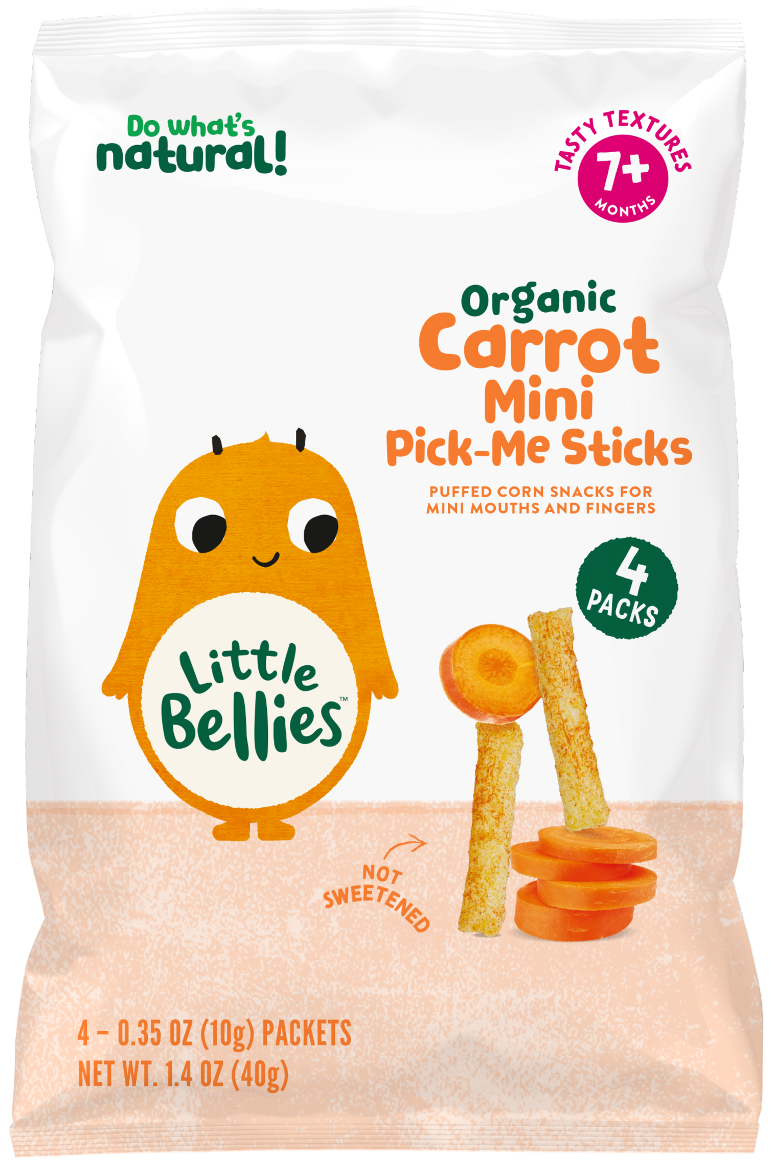 Packaging for organic carrot mini pick-me sticks, 4-pack, puffed corn snacks for babies, not sweetened, 7+ months age indicator visible.