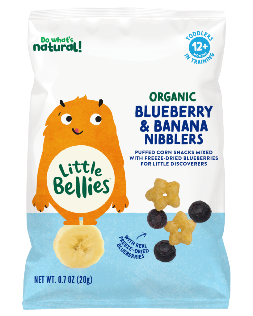 Organic Blueberry & Banana Nibblers snack bag with Little Bellies mascot and blue banding; shows banana and berry pieces on front label.
