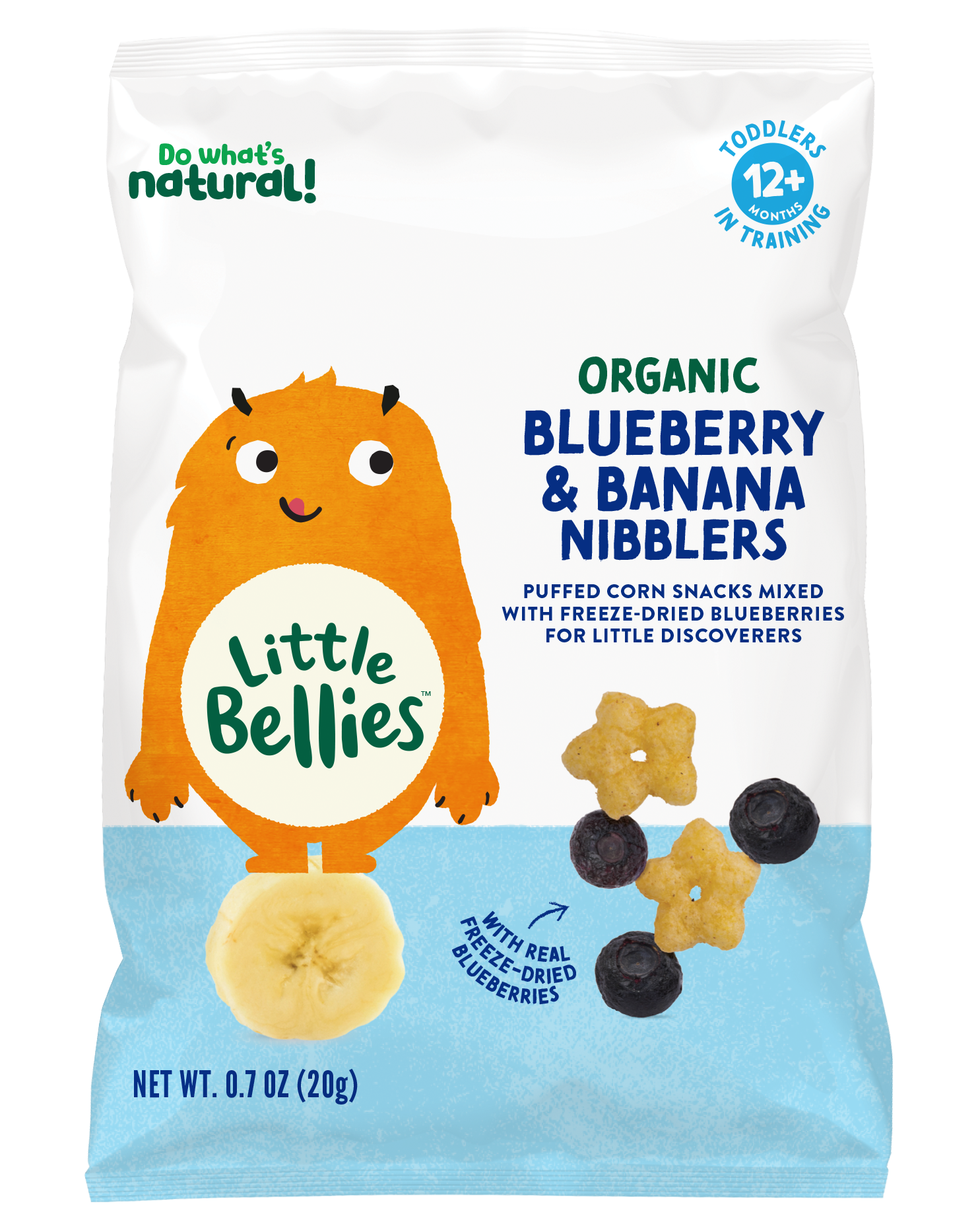 Organic Blueberry & Banana Nibblers snack bag with Little Bellies mascot and blue banding; shows banana and berry pieces on front label.