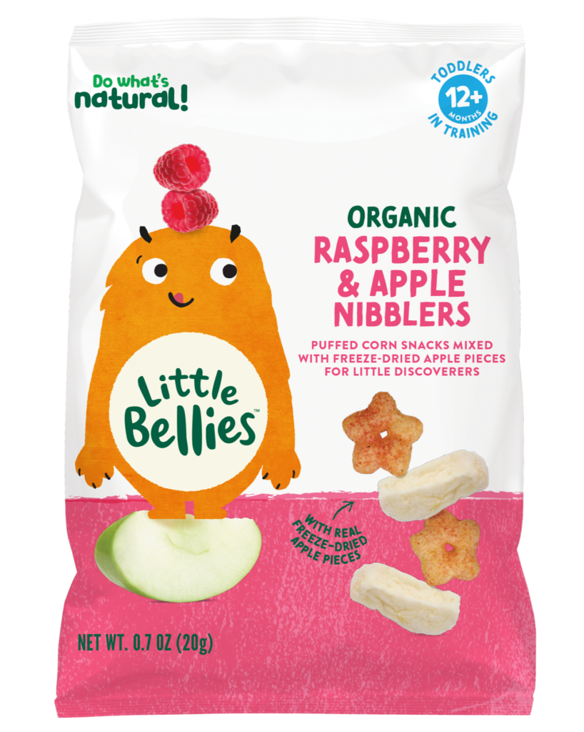 Little Bellies organic raspberry and apple nibblers bag with an orange friendly monster mascot, raspberries, and apple slices on the front