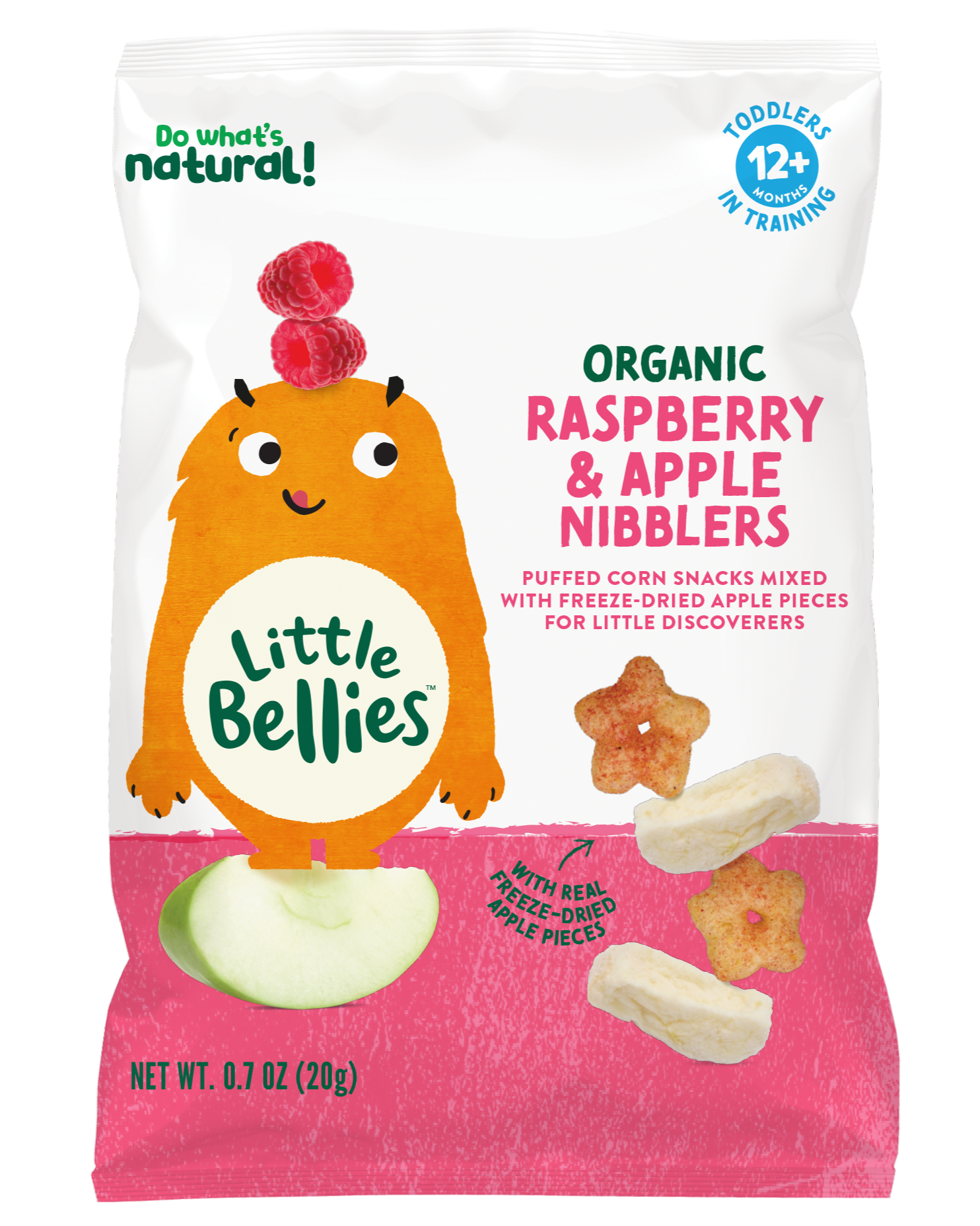 Little Bellies organic raspberry and apple nibblers bag with an orange friendly monster mascot, raspberries, and apple slices on the front