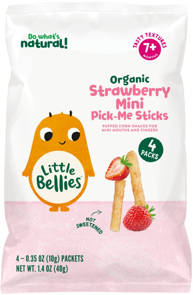 Organic Strawberry Mini Pick-Me Sticks snack bag with cartoon orange character and strawberries, 4-pack (for ages 7+ months) product image