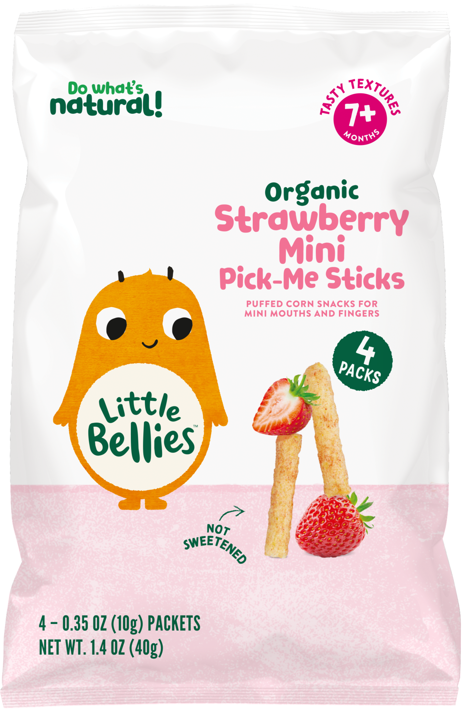Organic Strawberry Mini Pick-Me Sticks snack bag with cartoon orange character and strawberries, 4-pack (for ages 7+ months) product image